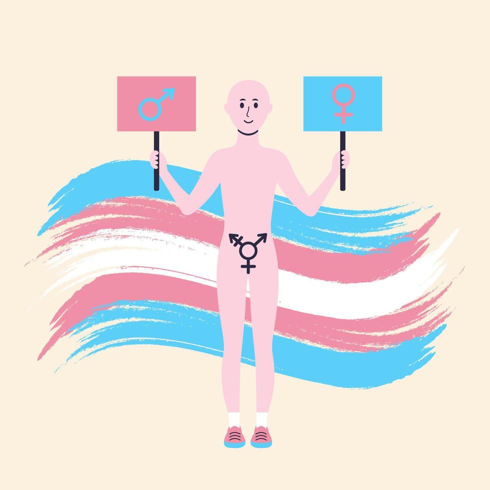 Transgender person holding posters with male and female symbols against the backdrop of waving transgender flag. Gender identity, gender choice, gender transition, gender self-determination concept. vector