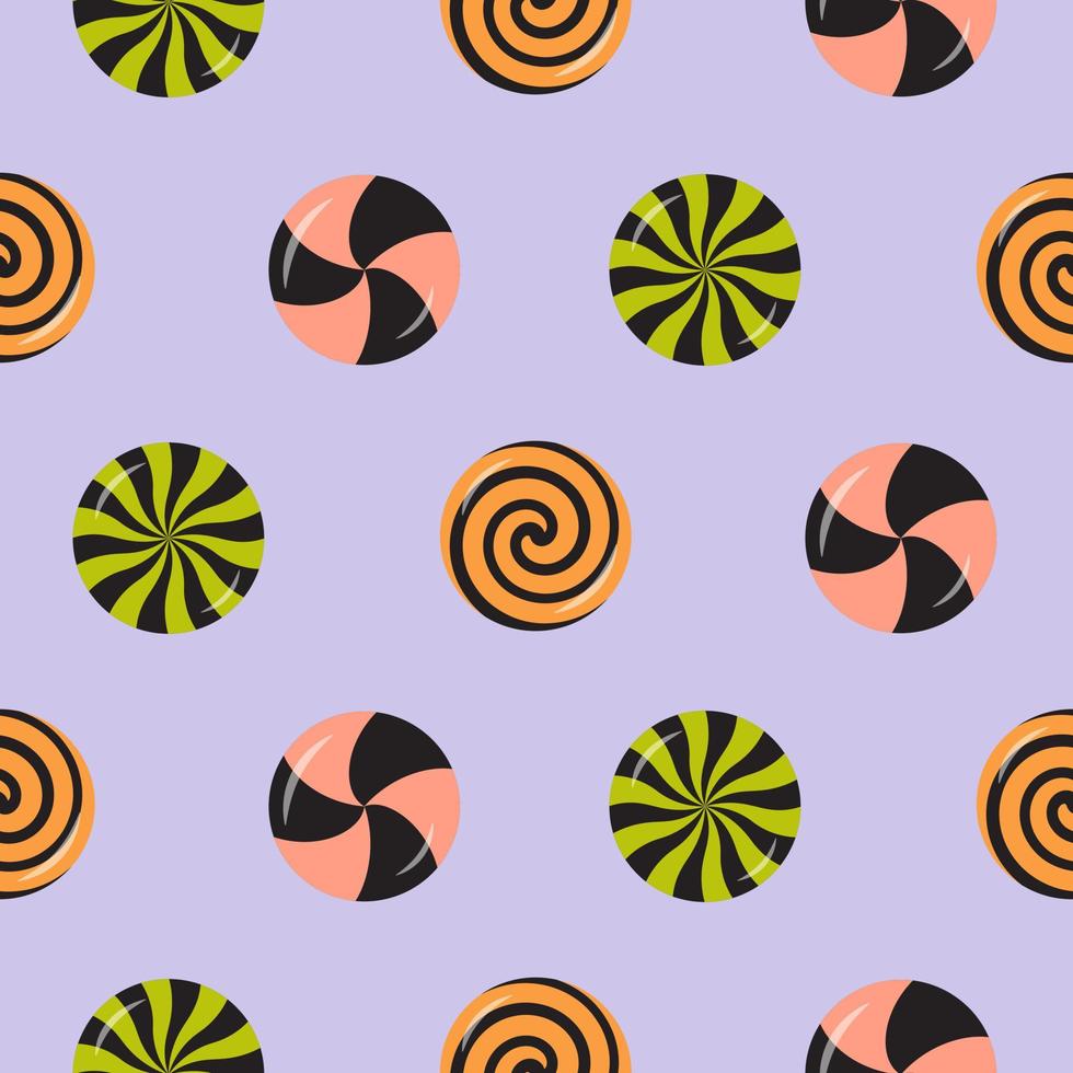 Halloween swirl sweet candies, round lollipops, bonbons seamless pattern. vector