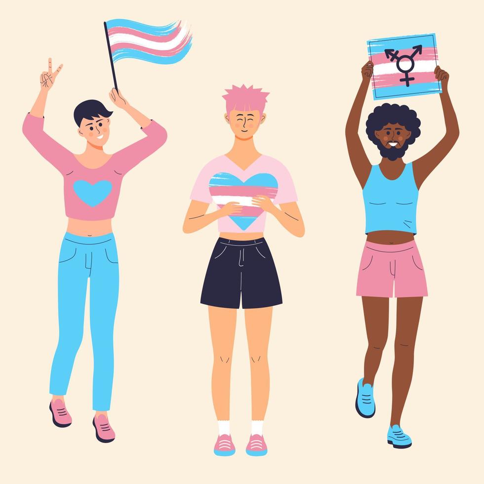 personas transgénero con bandera del arco iris, pancarta y corazón. día internacional de la visibilidad transgénero, 31 de marzo. manifestación, desfile del orgullo, diversidad sexual. vector