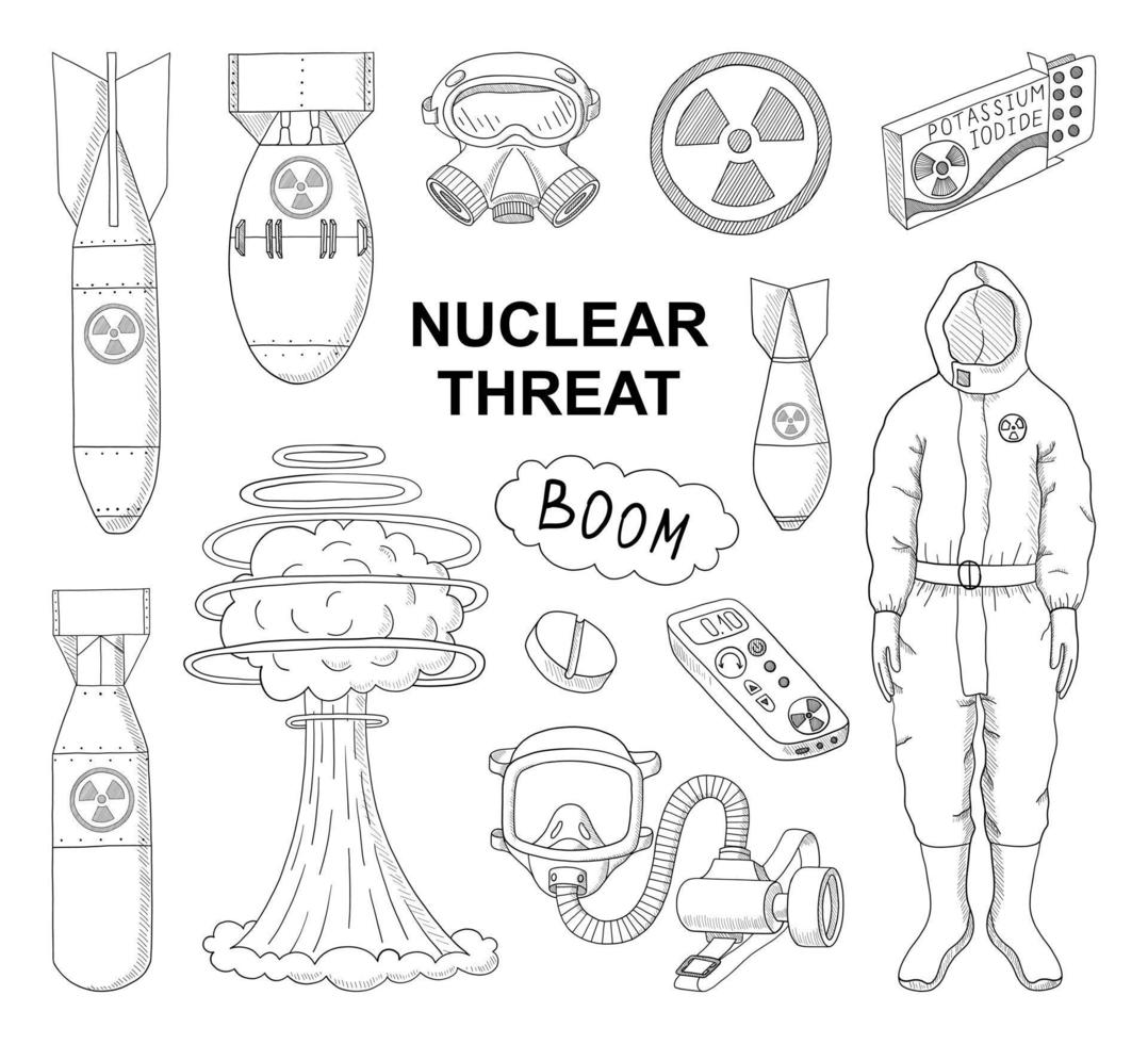 VECTOR BLACK AND WHITE COLLECTION OF NUCLEAR WAR ATTRIBUTES