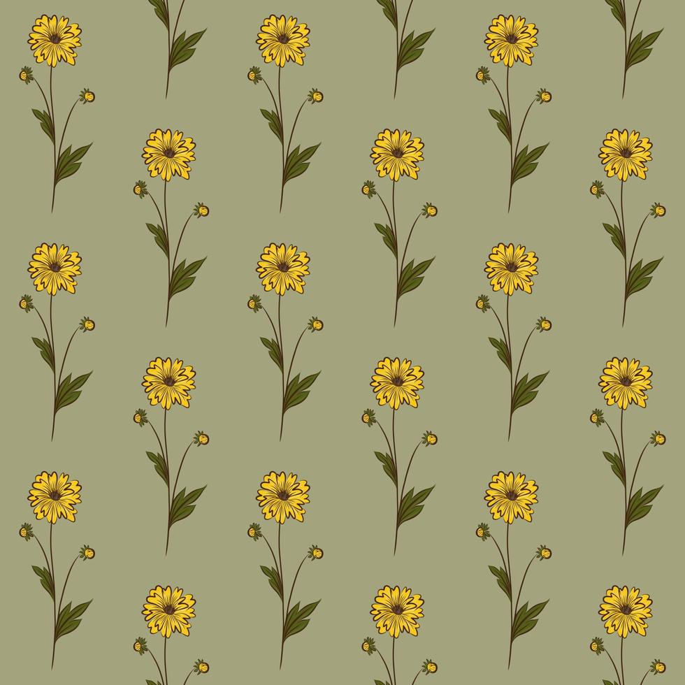 OLIVE VECTOR SEAMLESS BACKGROUND WITH YELLOW WILDFLOWERS OF RUDBECKIA