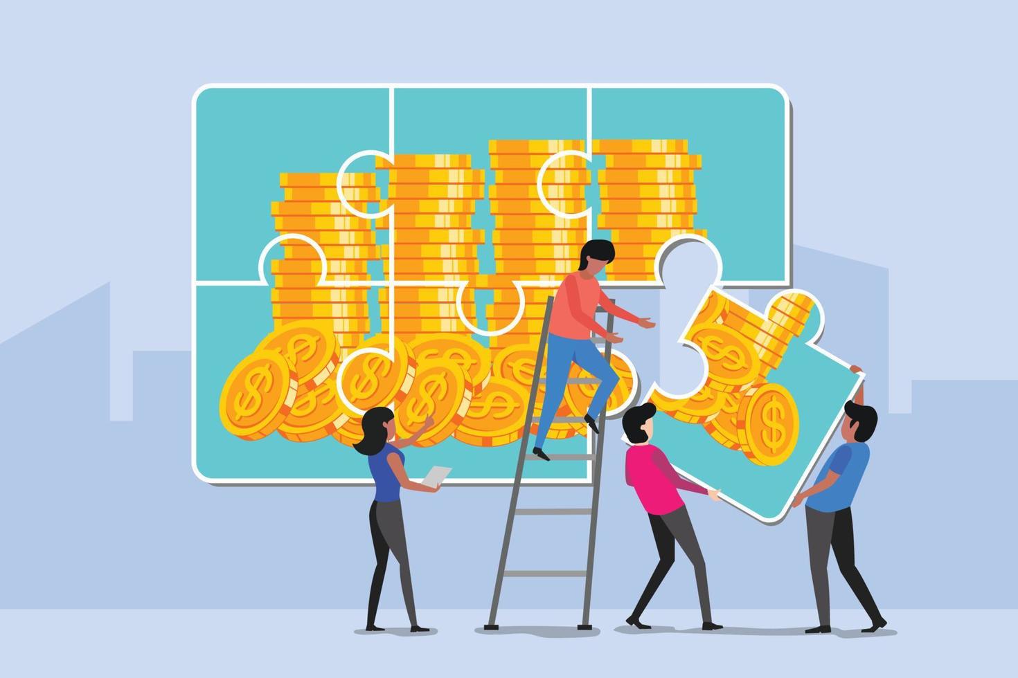 Business concept. Team people connecting puzzle elements. Team Build the money. Vector illustration flat design style. Symbol of teamwork, cooperation, partnership. Illustration about finance.