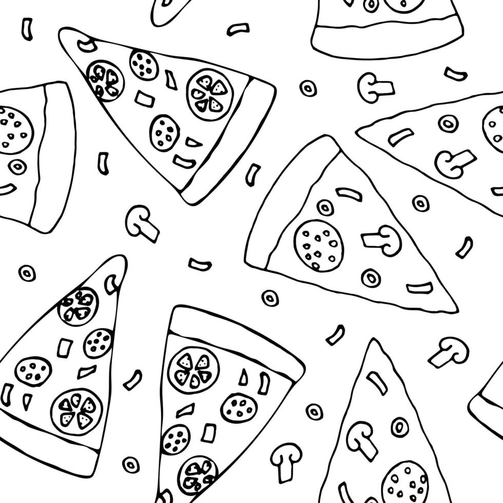 pizza seamless pattern hand drawn in doodle style. Suitable for menu, packaging, wrapping paper, wallpaper, background, textile, digital paper. , scandinavian minimalism monochrome vector