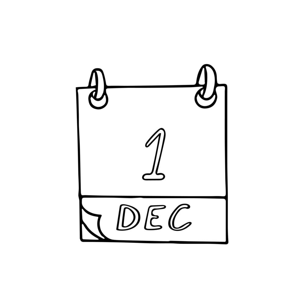 calendario dibujado a mano en estilo garabato. 1 de diciembre. día mundial del sida, fecha. icono, elemento adhesivo para el diseño vector