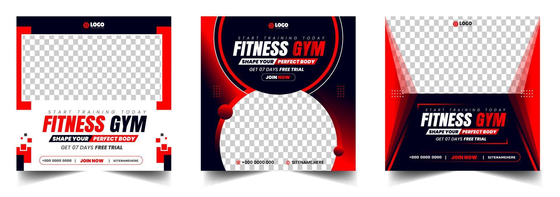 Fitness gym social media post banner template with black and red color, gym, Workout, fitness and Sports social media post banner, fitness gym social media post banner design. vector