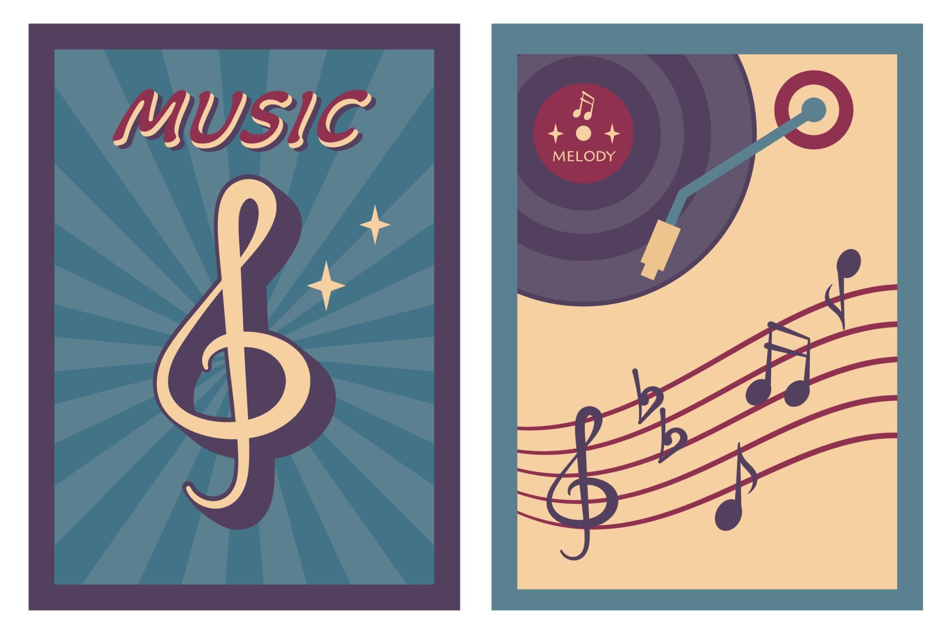 Retro music poster with music notes, treble clef, musical disc