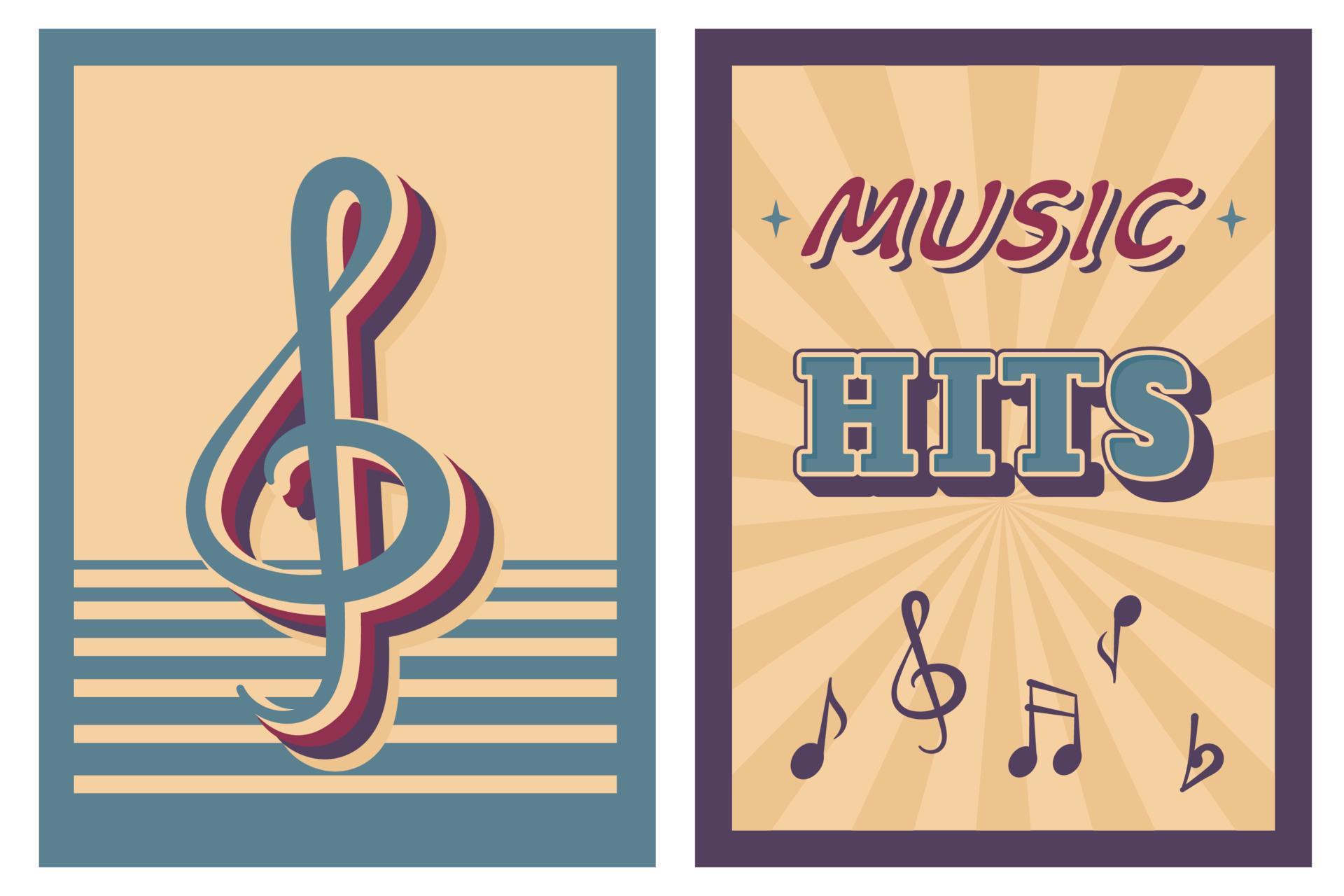 Retro music poster with musical notes, treble clef, lettering. Vector