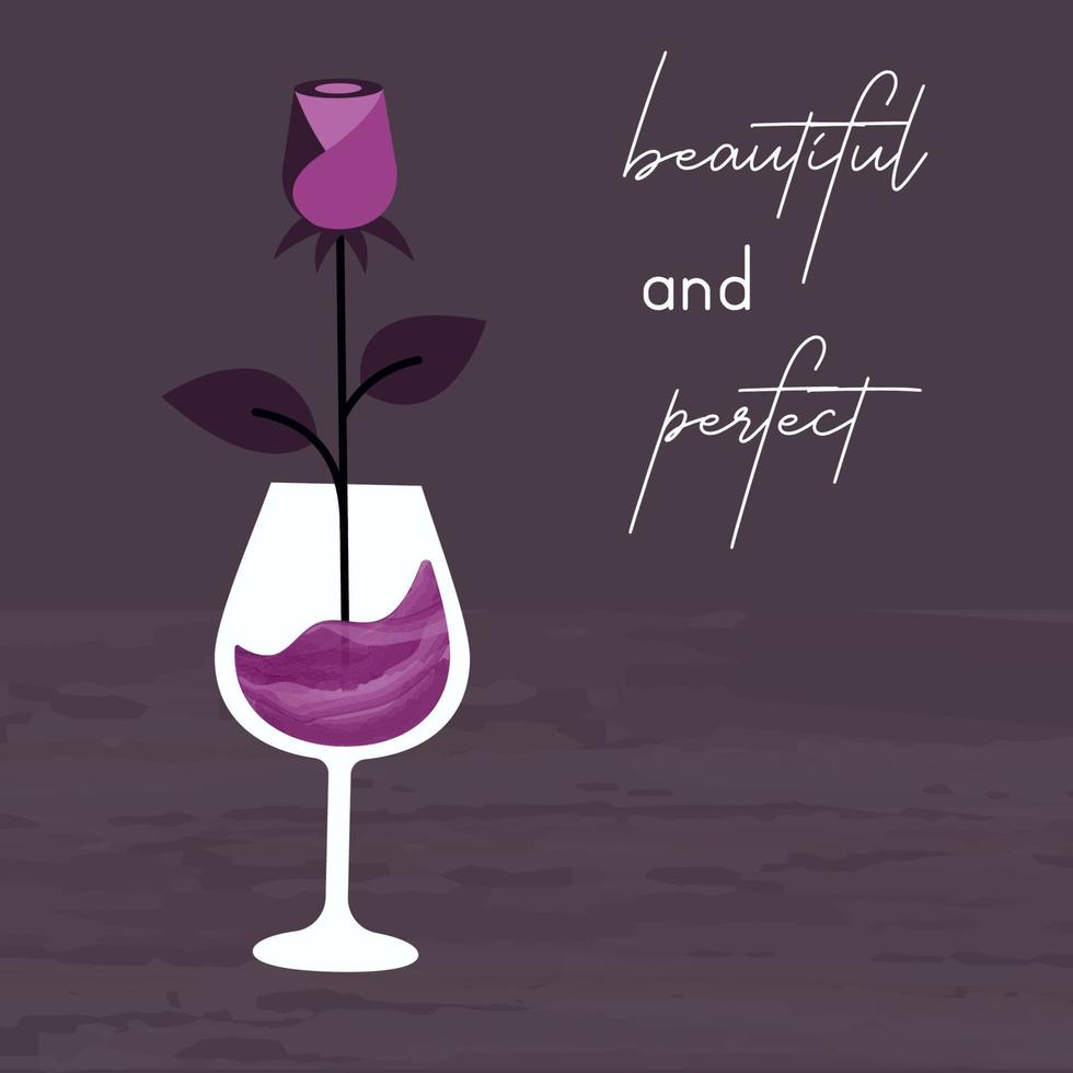 Elegant trendy card with glass of wine, beautiful rose. Minimalistic modern composition, lettering. Vector illustration for for Valentine's day, holidays, gift, romantic dinner, party, wedding, dating