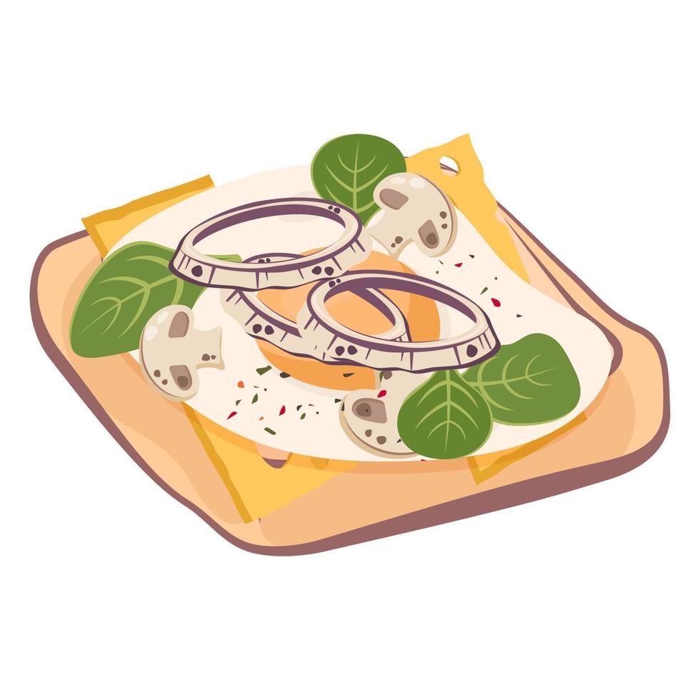Sandwich with fried egg, sliced mushrooms, spinach, slices of cheese. Toasted delicious white bread toast. Delicious quick and hearty and healthy breakfast and snack. Vector cartoon illustration