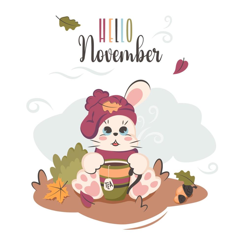 tarjeta de otoño con lindo conejito pensativo vestido con gorro y bufanda de invierno. conejito sentado en la hierba, sosteniendo una taza de té de hierbas caliente y mirando las hojas de otoño que caen. ilustración de dibujos animados de vectores