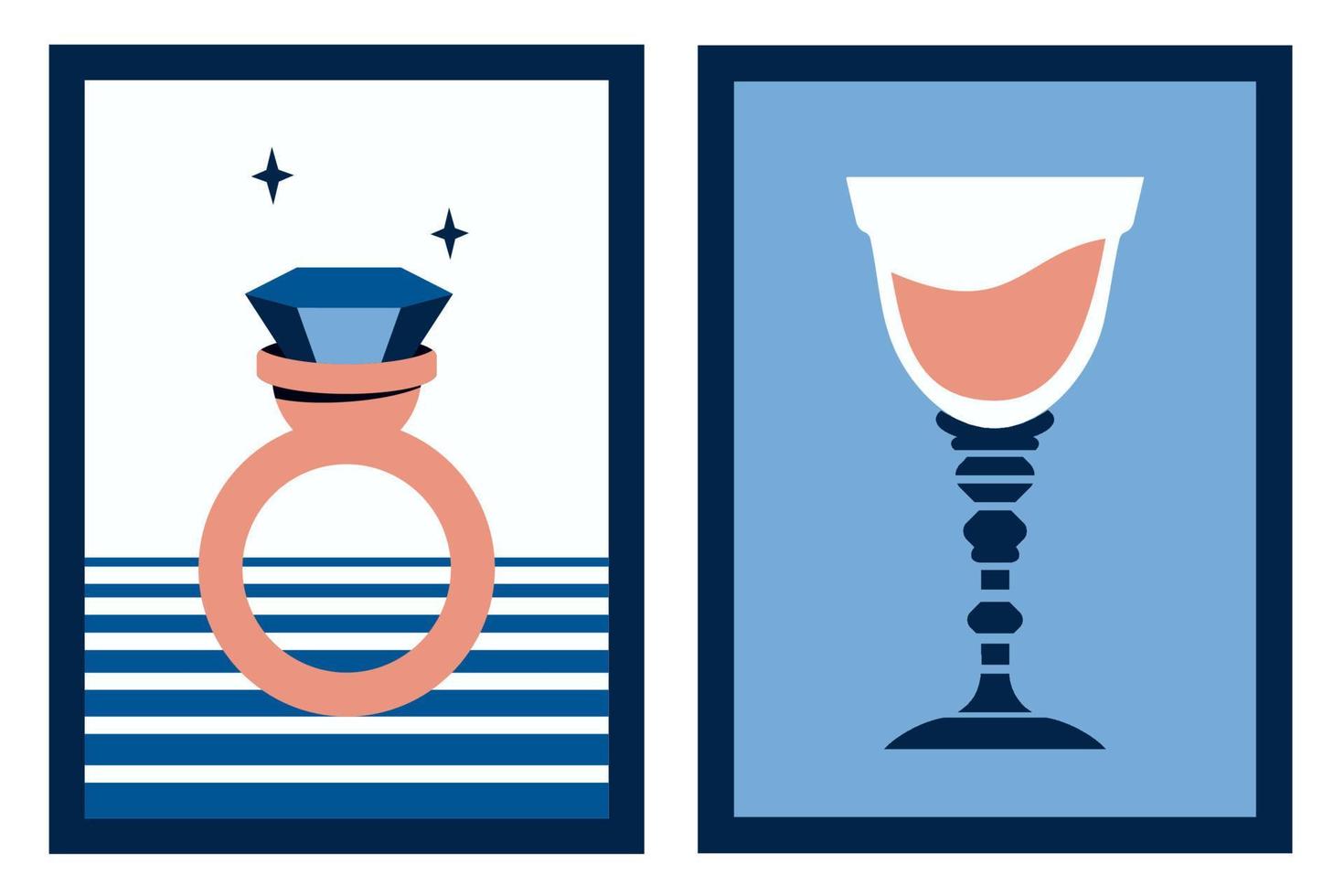 conjunto de carteles modernos. elegantes tarjetas de moda con diamantes, anillo con piedras preciosas, copa de vino, cóctel. ilustración vectorial plana para el día de san valentín, vacaciones, regalo, cena romántica, boda, citas vector