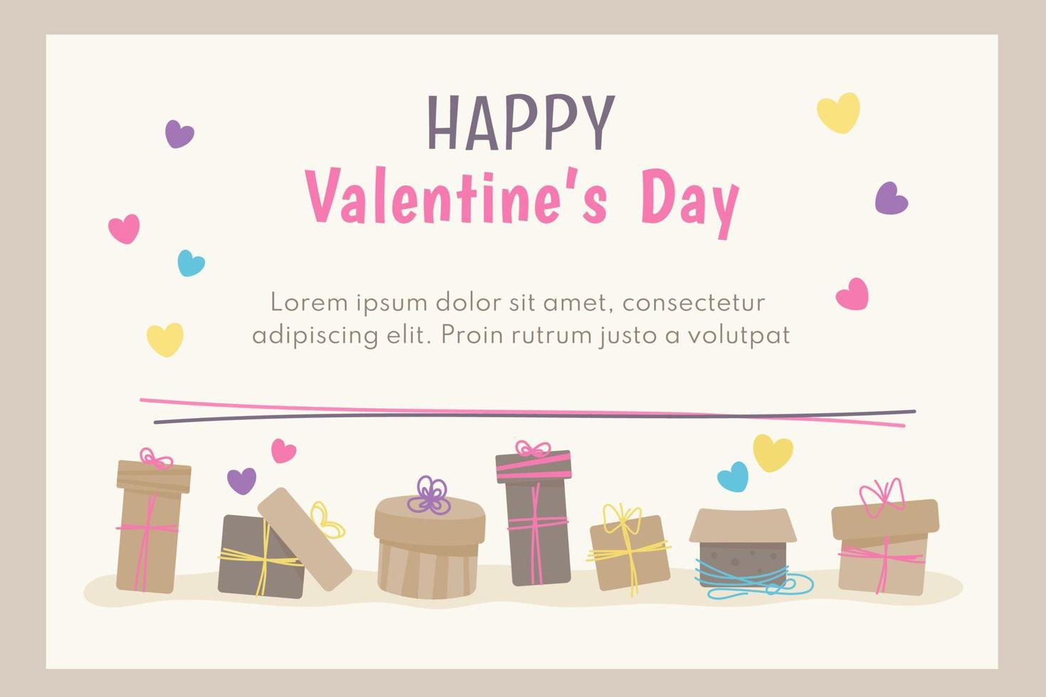 tarjeta de felicitación del día de san valentín con letras festivas, caja de regalo, corazones. muchas burbujas de colores y corazones volando en el aire. ilustración vectorial para vacaciones, regalo, cena romántica, fiesta, boda, citas vector