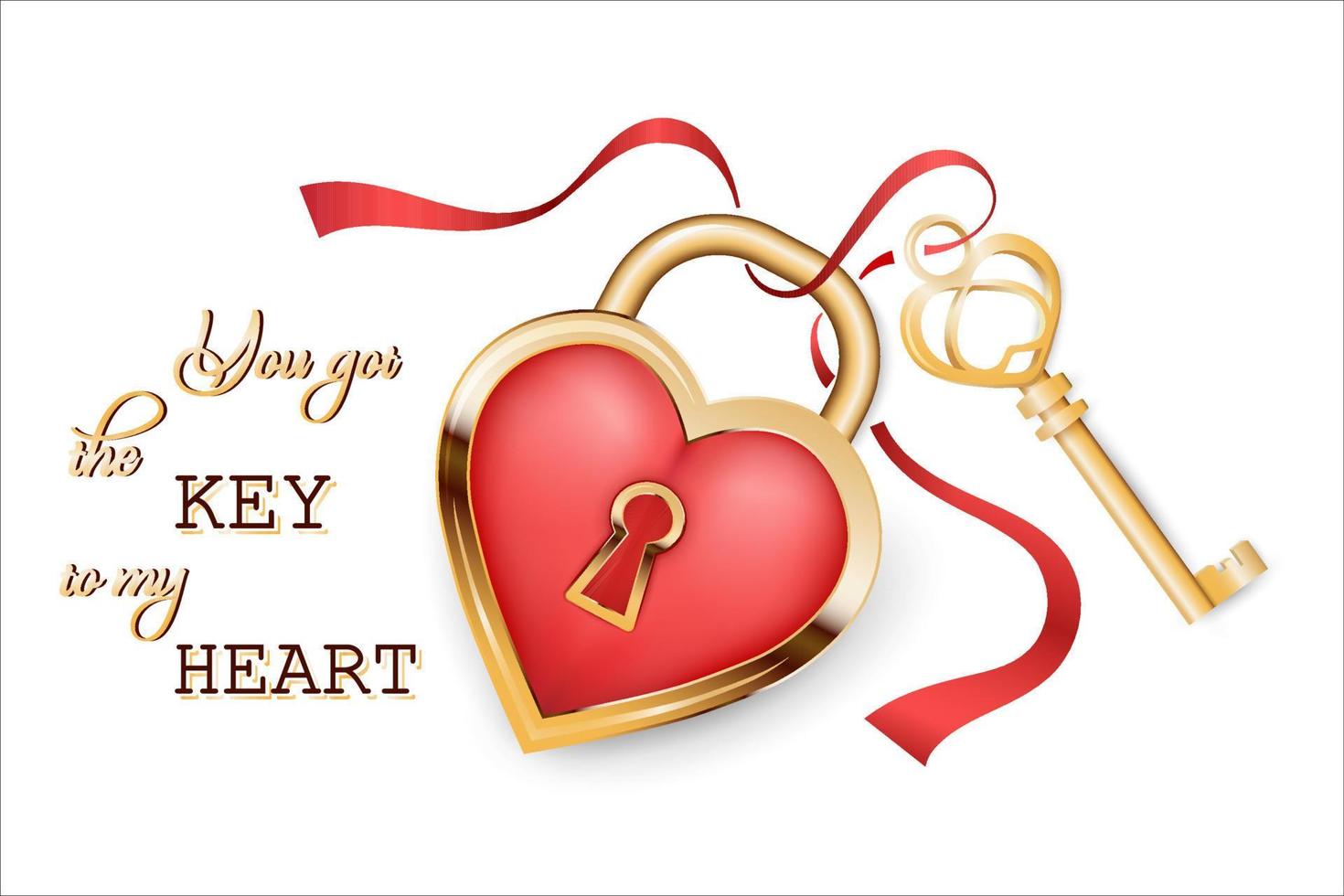Key to my heart in realistic style isolated on white background. Valentine's day. Golden text lettering. Holiday concept. Vector