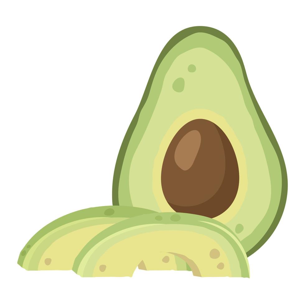 Half an avocado with pit, flesh and sliced avocado. Ripe avocado fruit. Healthy vegetarian organic food. Vector illustration for healthy lifestyle and good nutrition