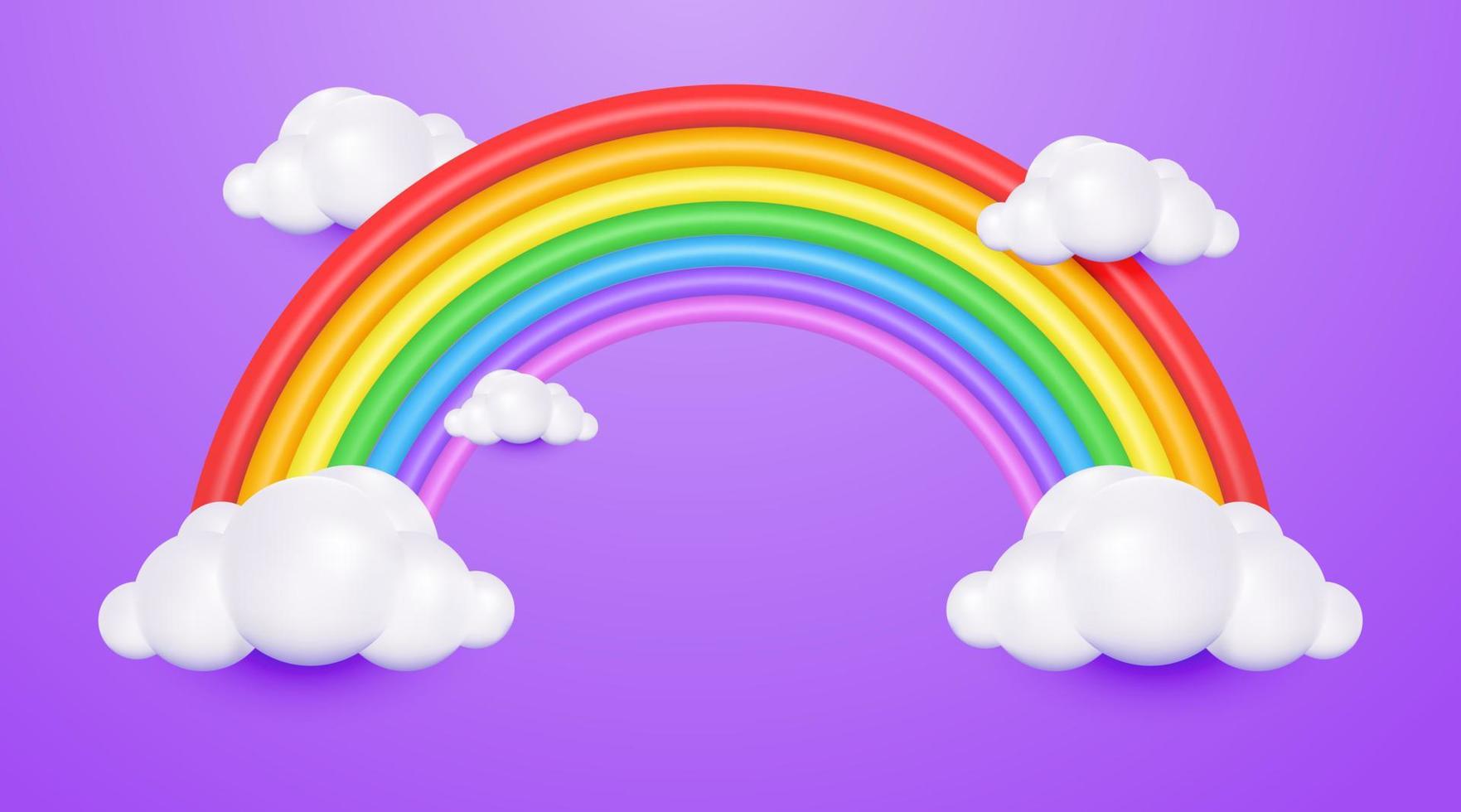 3d rainbow cute cartoon style with cloud on purple pastel background vector