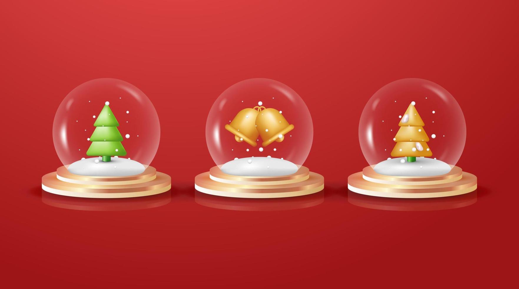 Diseño decorativo navideño 3d de globo de nieve de vidrio con podio dorado bajo una cúpula de vidrio transparente con nieve blanca, árbol de navidad dorado, aislado en fondo rojo vector