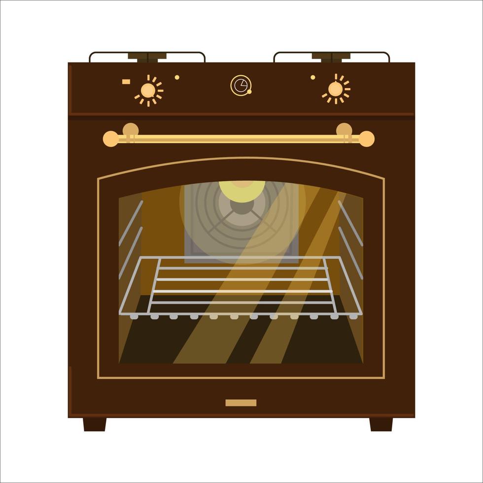 Vector illustration of retro gas stove with light on inside. Flat style. Isolated on white.