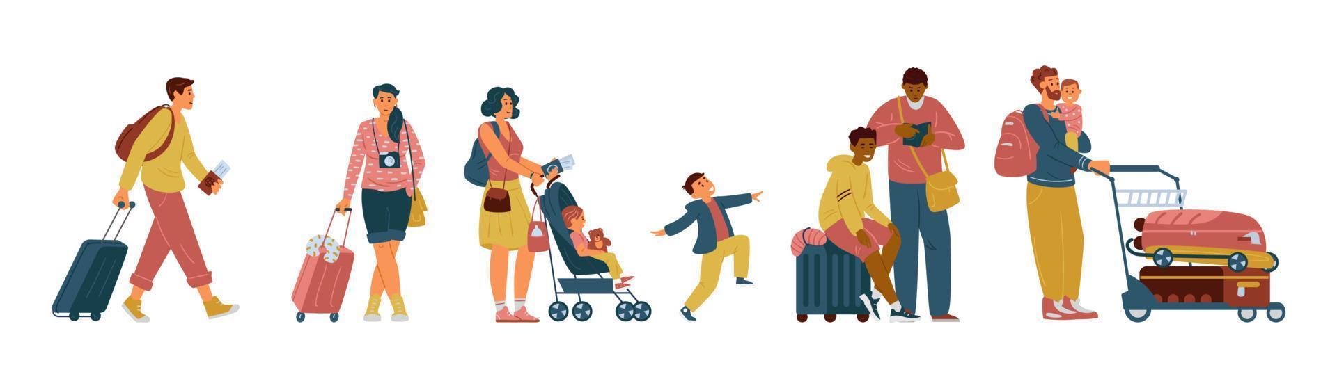 People With Suitcases, Bags Standing In Line In Airport. Isolated On White. Flat Vector Illustration.