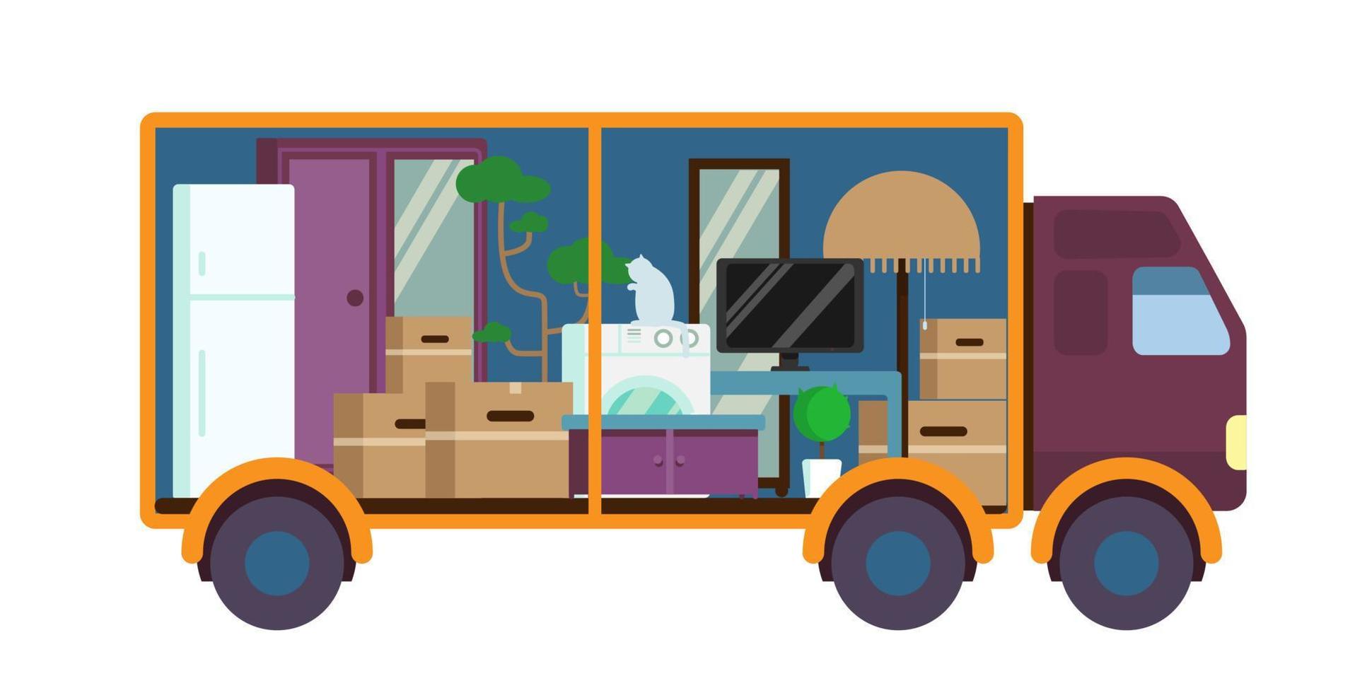 Moving truck full of furniture and boxes. Inside view. Flat vector illustration.