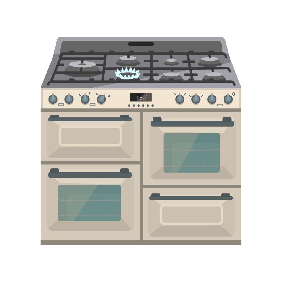 Vector illustration of gas stove with many different burners. Flat style. Isolated on white.
