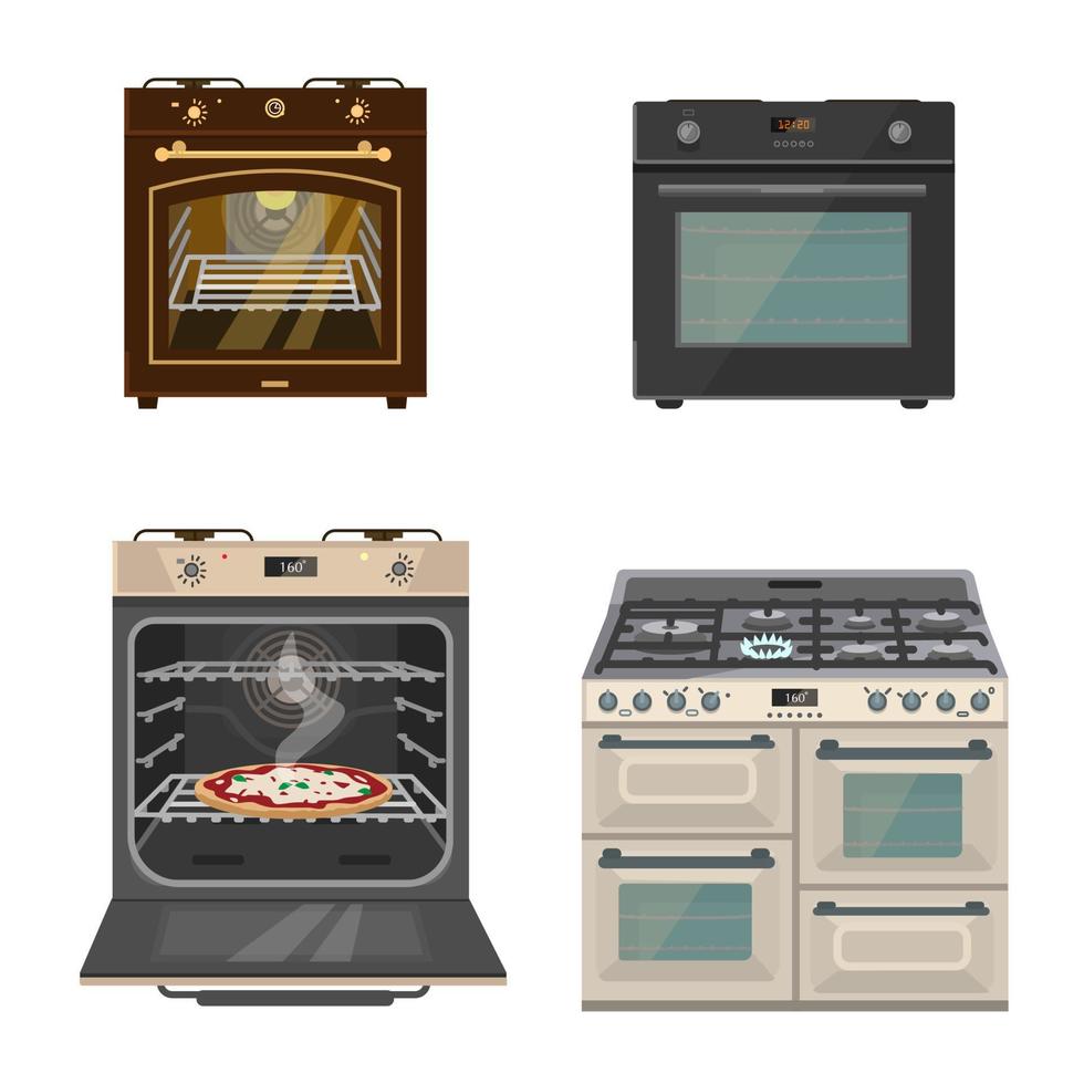 Vector set of different gas stoves. Flat cartoon style. Isolated on white.