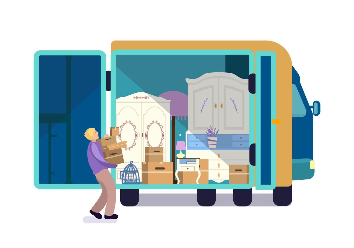 Man carrying boxes to moving truck full of furniture and boxes. Inside moving truck. Flat vector illustration.