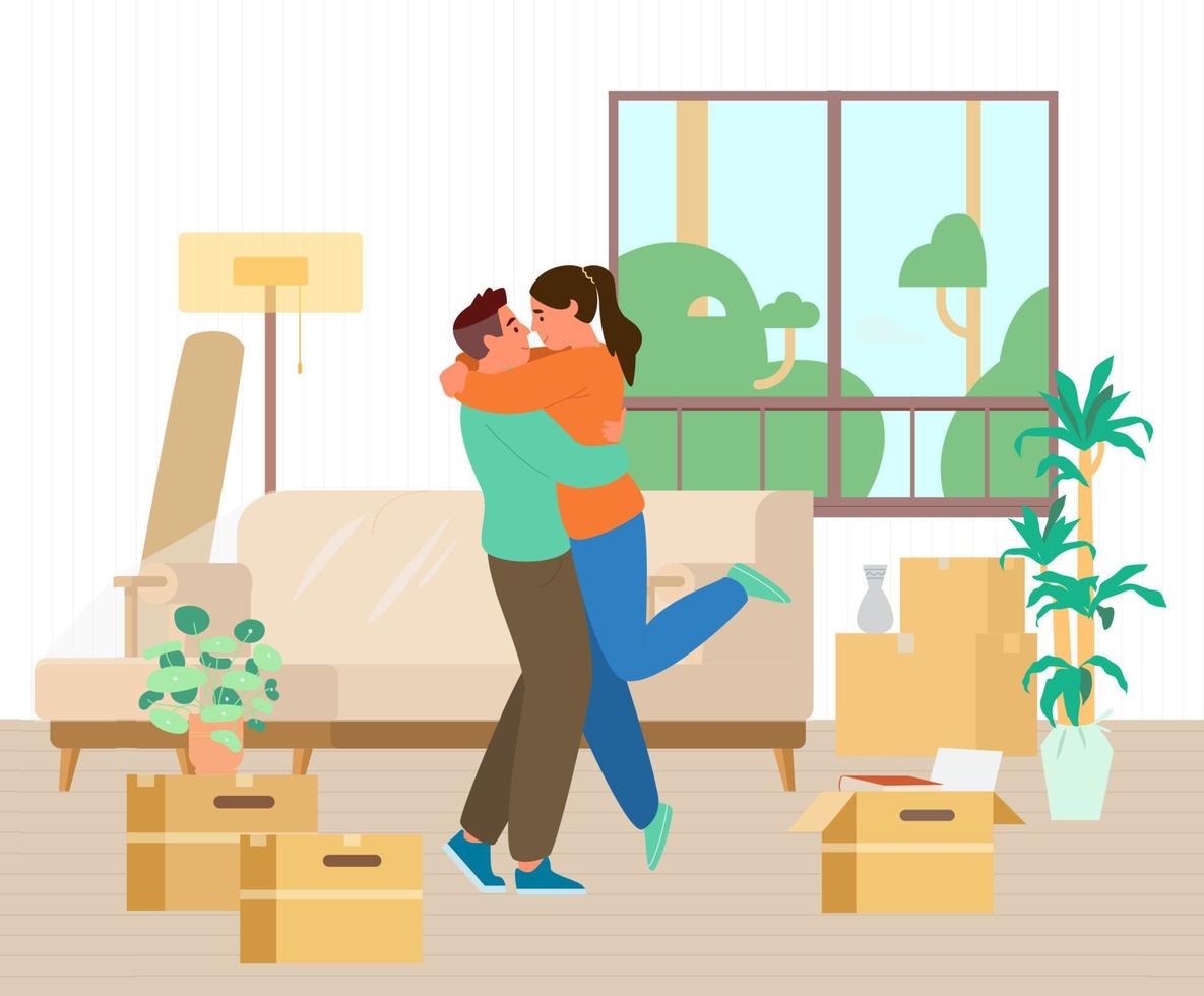 Happy Young Couple Just Moved Into New House Hugging Among Unpacked Boxes And Furniture Flat Vector Illustration.