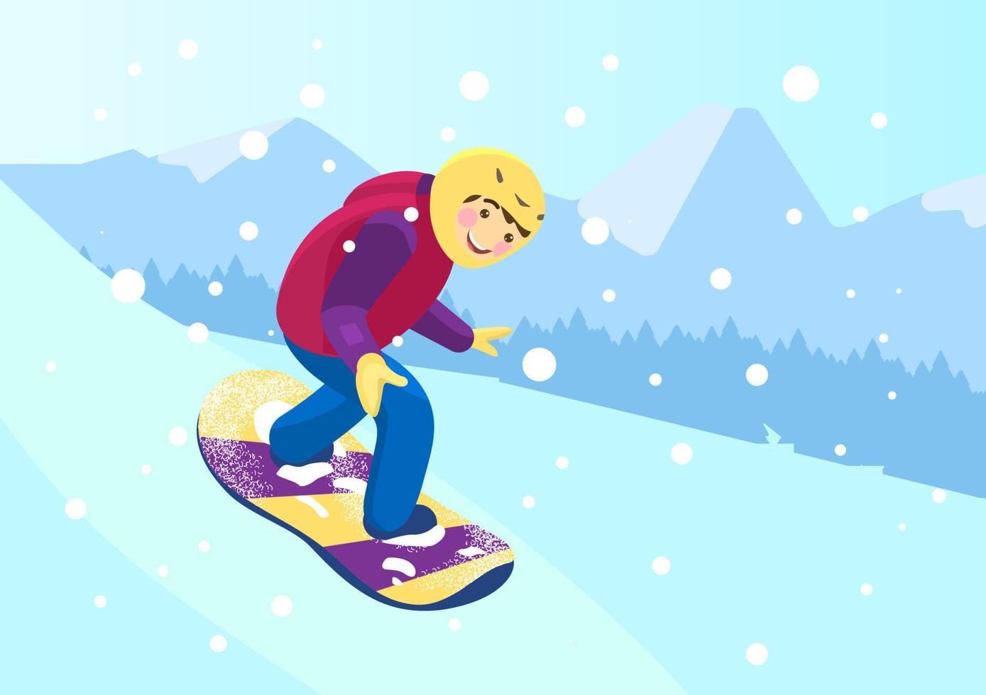 Vector cartoon illustration of kid in helmet snowboarding in snowy mountains. Winter sport.