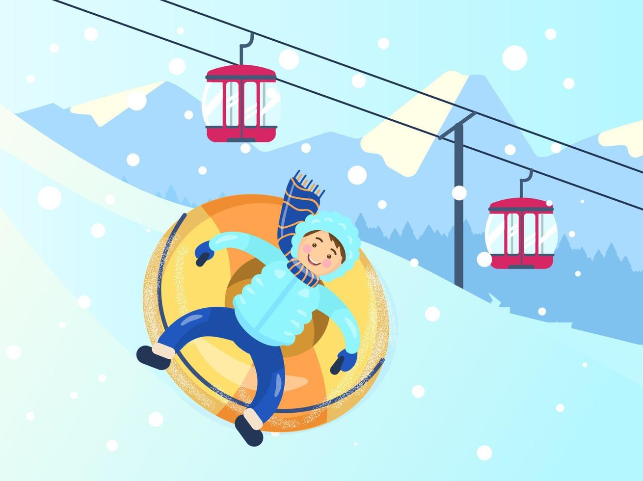 Vector illustration of mountain slope with kid riding snow tube. Cableway and snowy mountains landscape in the background .