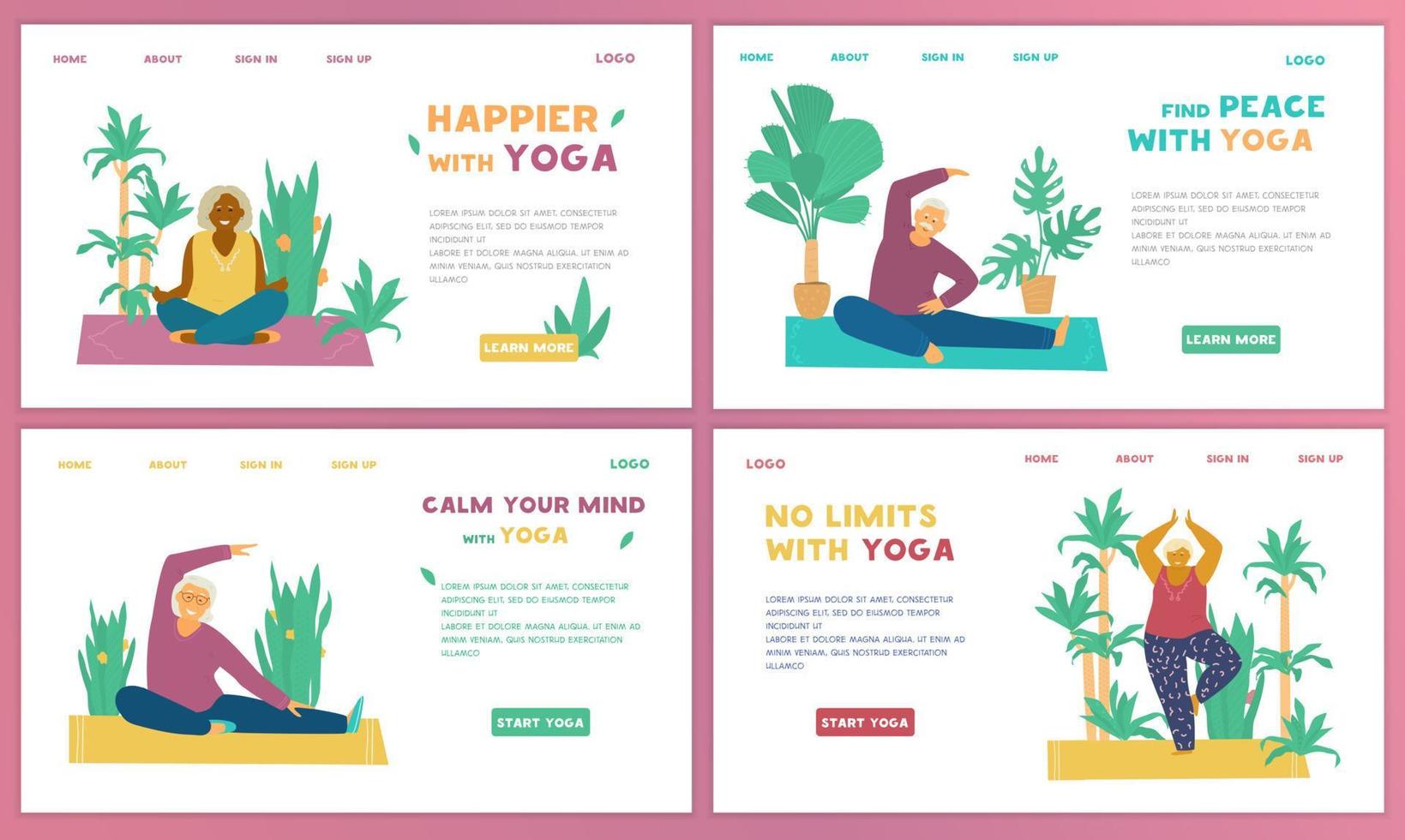 Yoga for seniors vector set of website templates. Different elderly people doing yoga on mats surrounded with plants. Flat design.