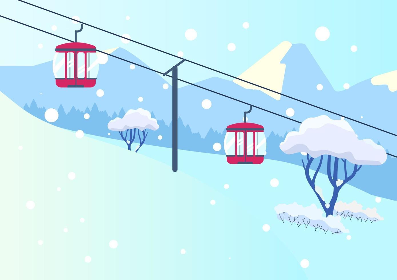 Vector illustration of mountain landscape with cableway in flat style. Snowy mountains with lift.