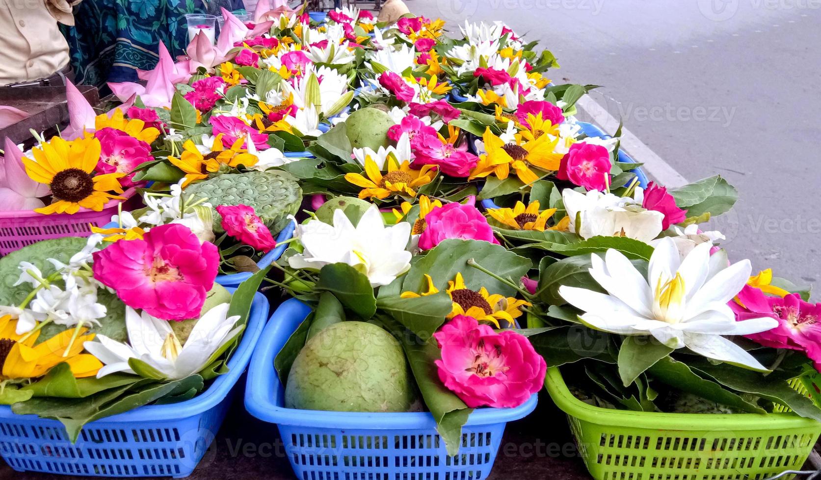 Flower and bel on basket offerings for Hindu religious ceremony or shivratri festival photo