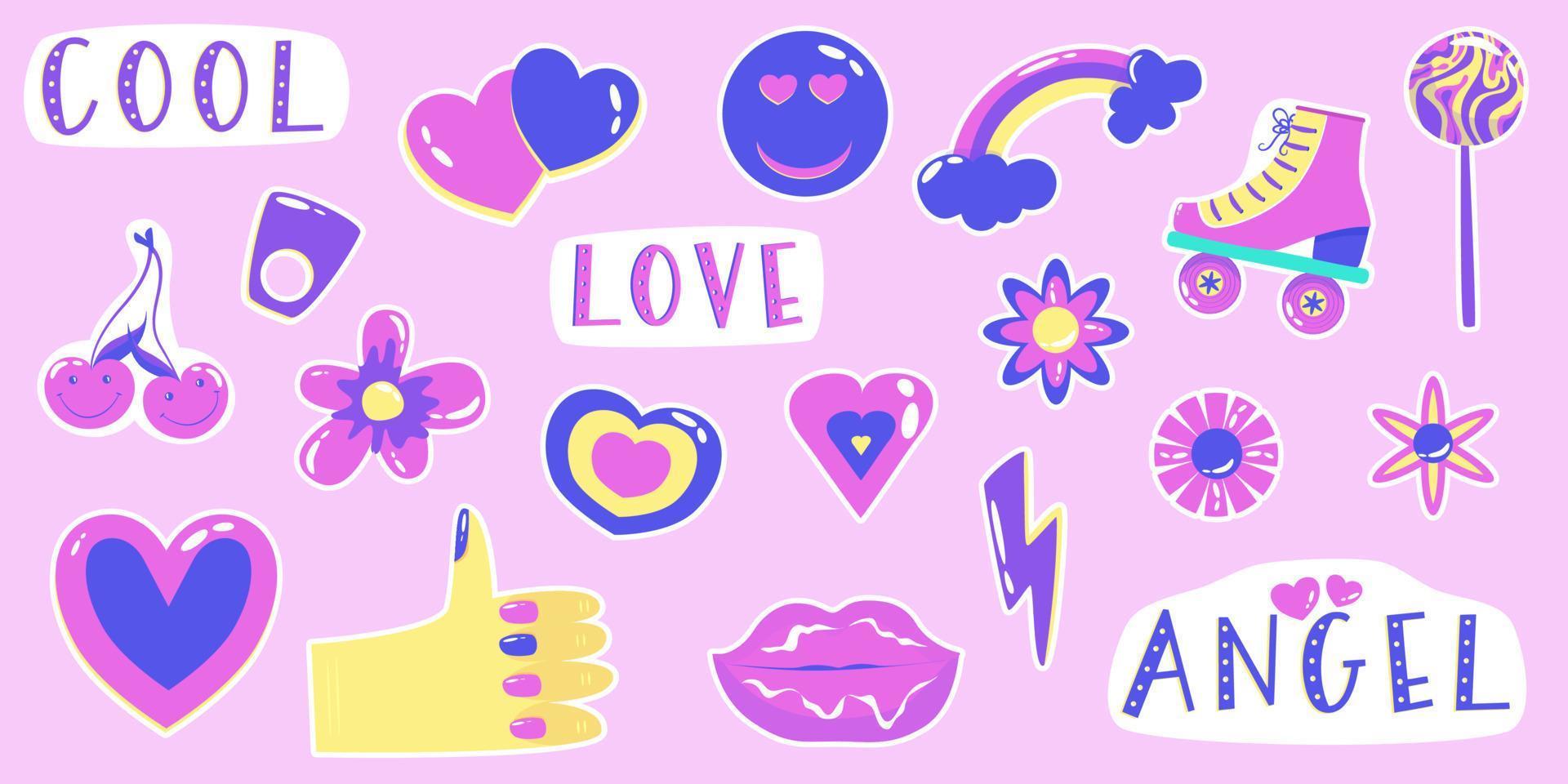 Retro sticker y2k set. Hipster Y2k aesthetic collection. Retro vintage girly badge collection. Sticker pack. Vector graphic illustration
