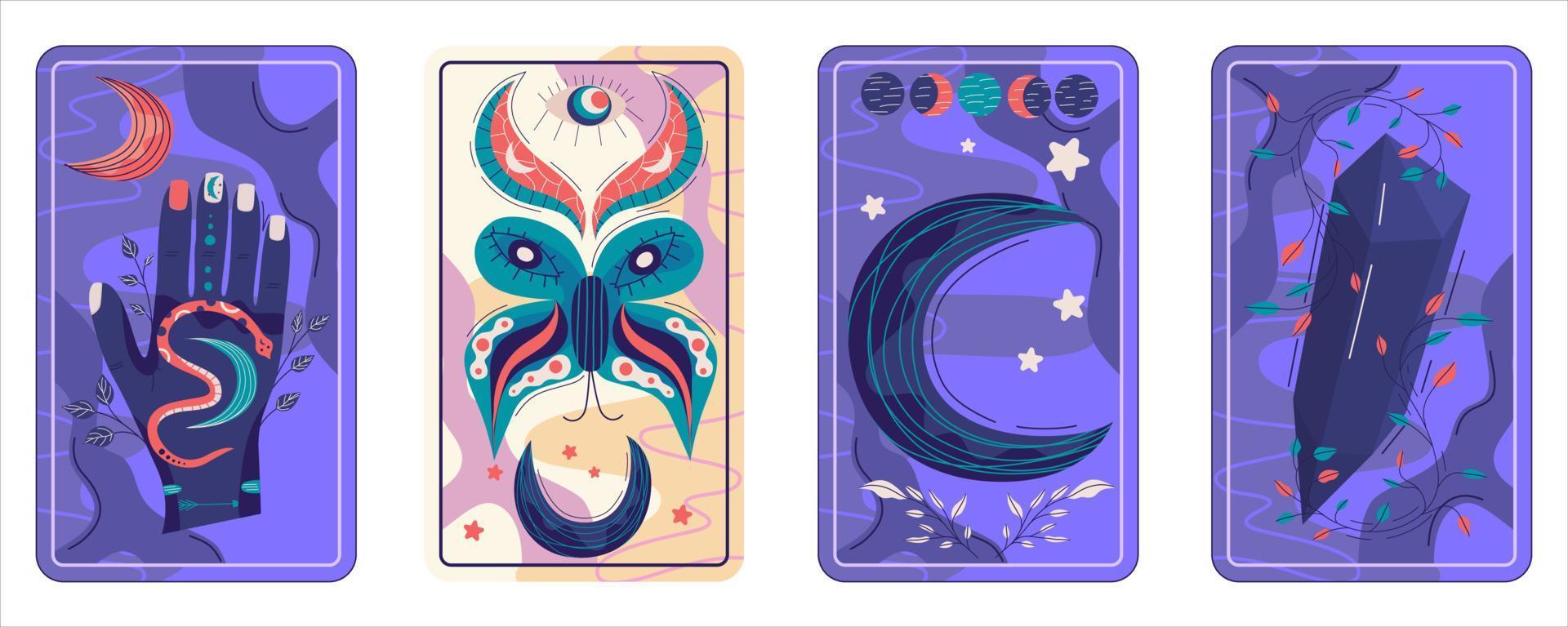 juego de cartas del tarot diseño celestial mágico. ilustración de vector de luna mística. ilustración vectorial dibujada a mano. carta esotérica del tarot boho con mano, mariposa y luna