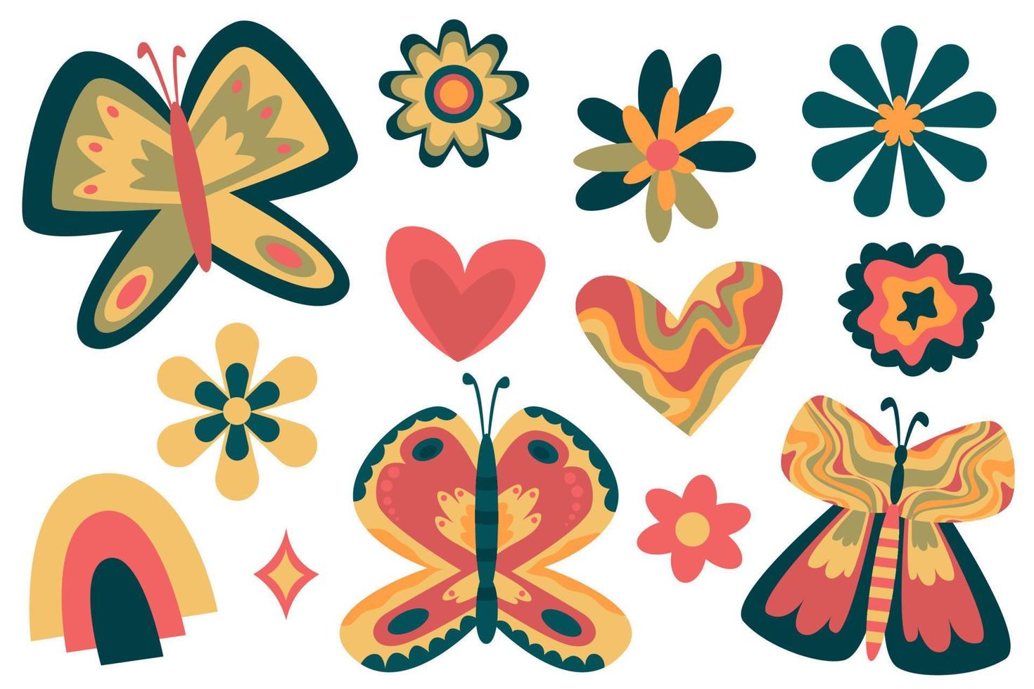 Retro groovy set butterfly with daisy. Hippie groovy clipart vector illustration. Rainbow, heart boho 60s, 70s, hippie vector