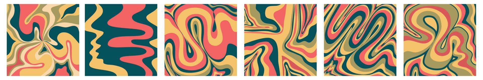 Groovy wave retro background with swirl set collection. Retro color hippy. Simple twirl trendy design. Wavy marble groovy pattern vector