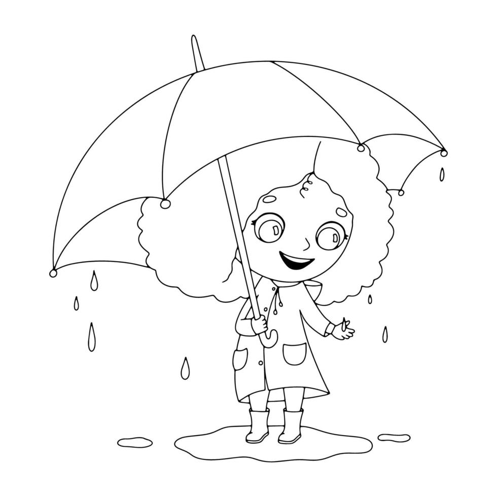 divertida niña de dibujos animados con sombrillas en un charco bajo la lluvia y sonrisas. ilustración vectorial para niños aislados en blanco. esquema de dibujo de niño para colorear libro vector