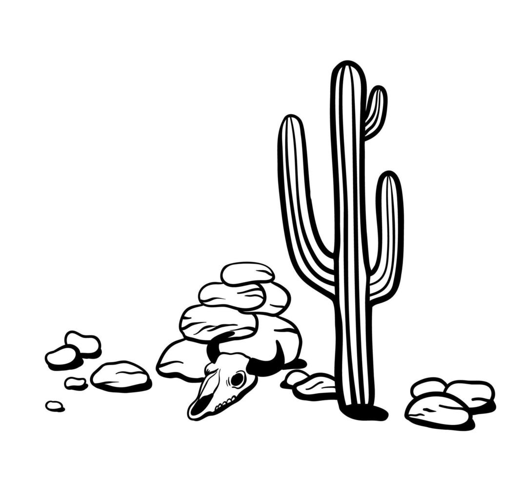Desert landscape outline. Black and white vector illustration. Mexican cacti, rocks and animal skull