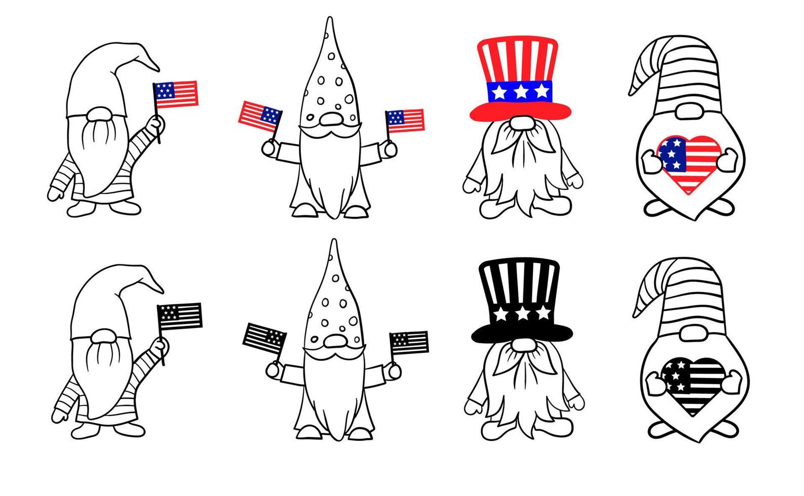 Set of 4th of July gnome with flag, heart and in hat. Independence Day in the USA. Vector illustration. Patriotic characters for greeting cards, printing on T-shirts, mugs. Isolated.