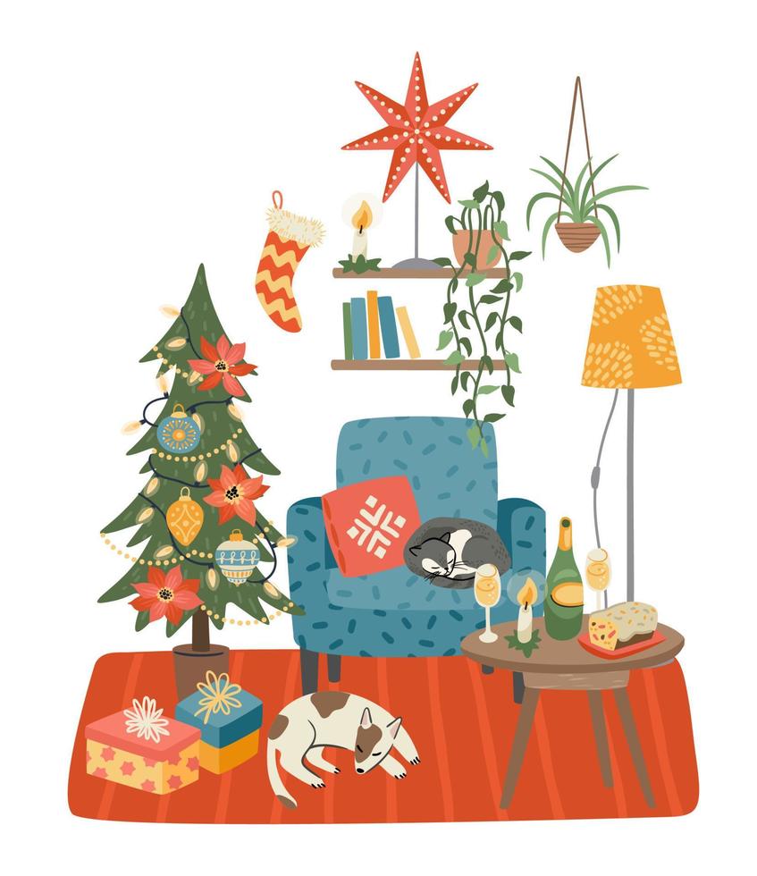 Christmas and Happy New Year isolated illustration of sweet home. Vector design template.