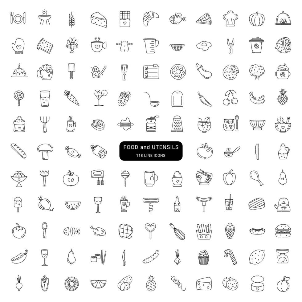 Food and utensils, cute line vector icons