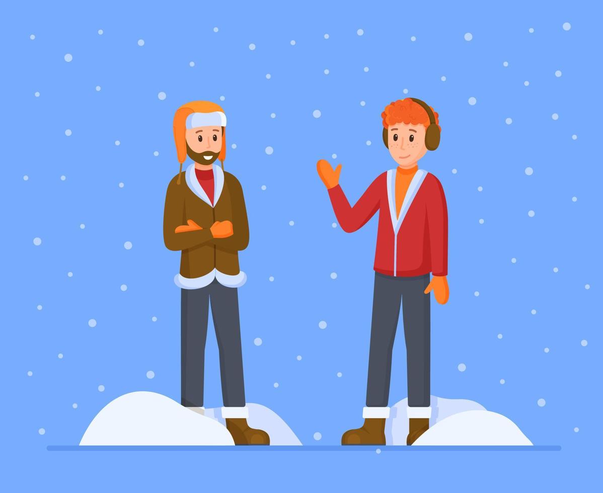 Vector illustration of men in winter. Two Stylish men in sheepskin coats standing in the cold, dressed in soft warm winter clothes.