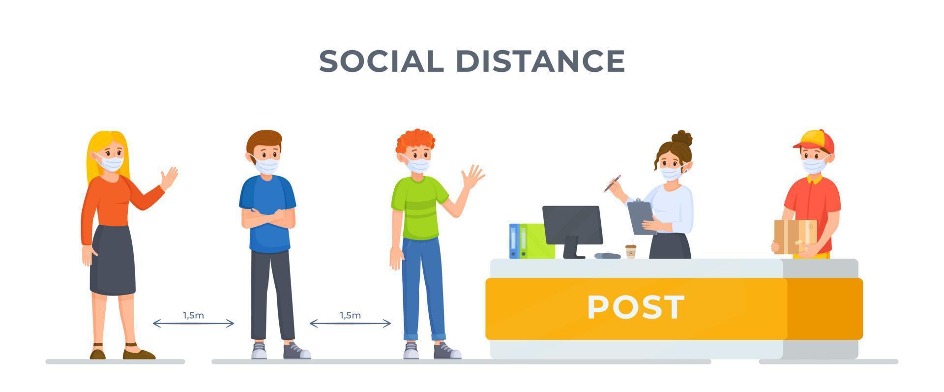 Vector illustration of the concept of distance to protect against a virus. Masked mode.