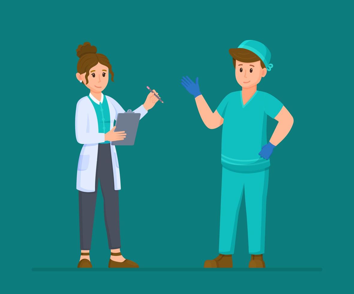 Vector illustration of medical interview. Two isolated doctors on a turquoise background.