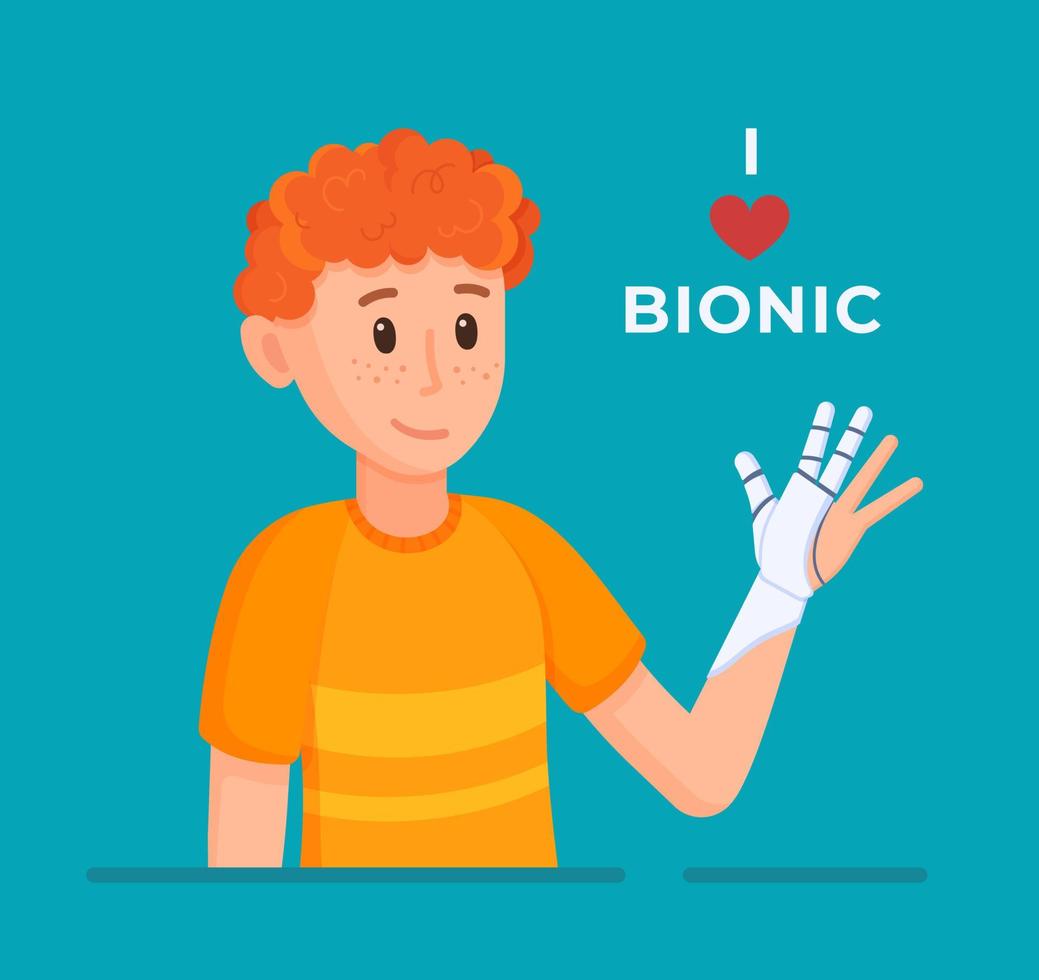 Vector illustration of i love bionic. A boy on his arm with a prosthetic arm is enjoying life.