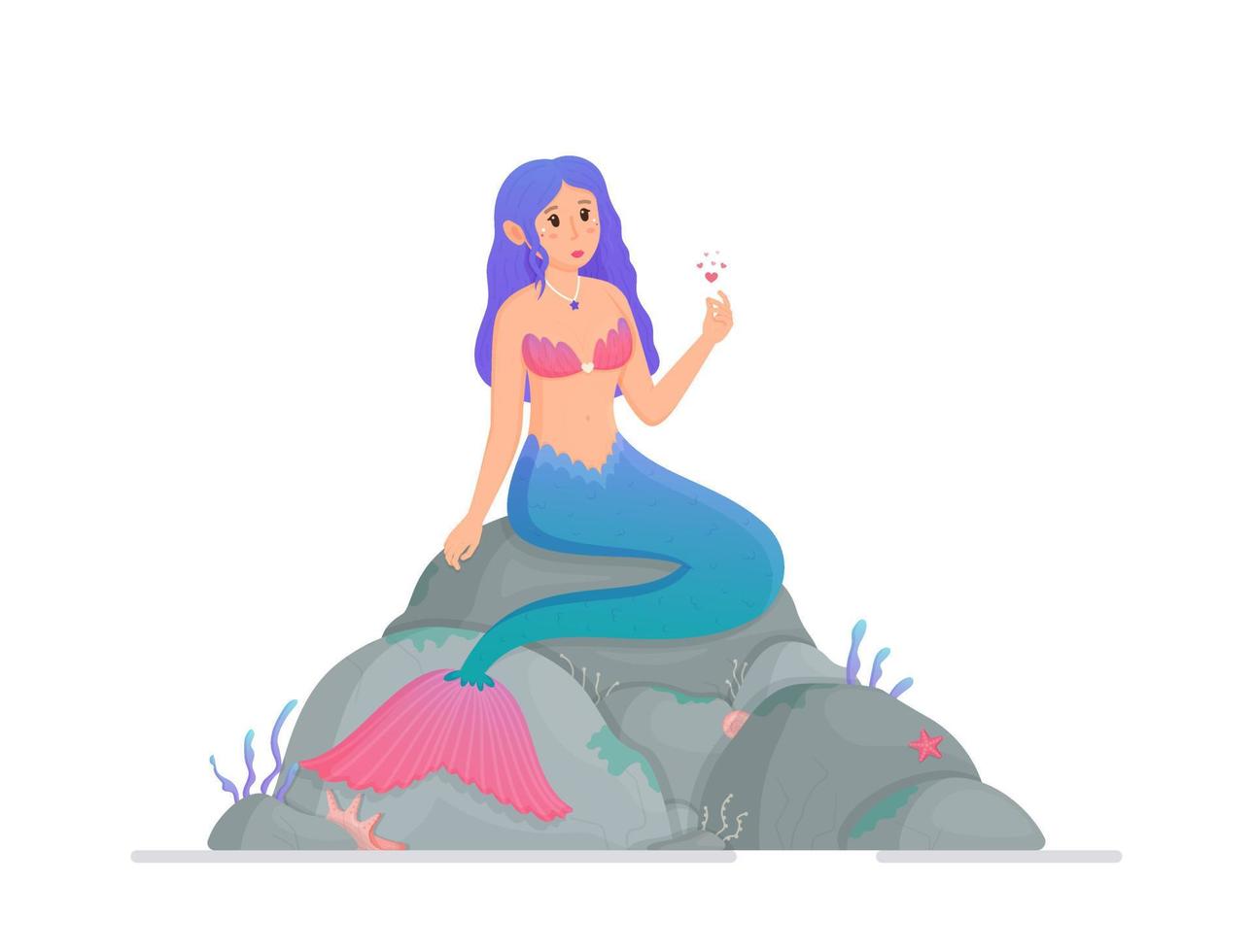 A beautiful mermaid sits on large rocks. Vector illustration of a cute cartoon character. Children's cartoon. Magic.