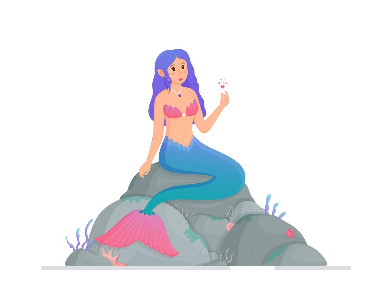 una hermosa sirena se sienta sobre grandes rocas. ilustración vectorial de un lindo personaje de dibujos animados. dibujos animados para niños. magia. vector