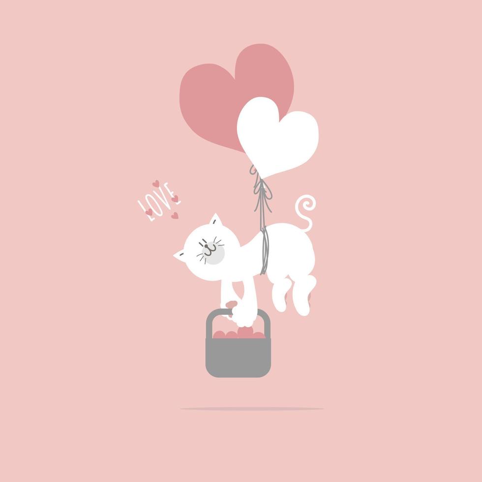 lindo y encantador gato dibujado a mano y globos de corazón, feliz día de san valentín, cumpleaños, concepto de amor, diseño de personaje de dibujos animados de ilustración de vector plano aislado