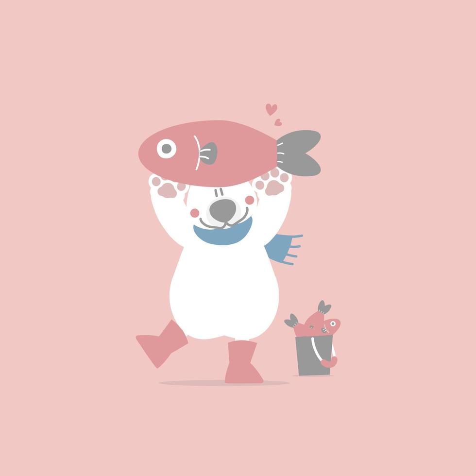 lindo y encantador oso polar dibujado a mano sosteniendo peces, feliz día de san valentín, concepto de amor, diseño de vestuario de personaje de dibujos animados de ilustración vectorial plana vector