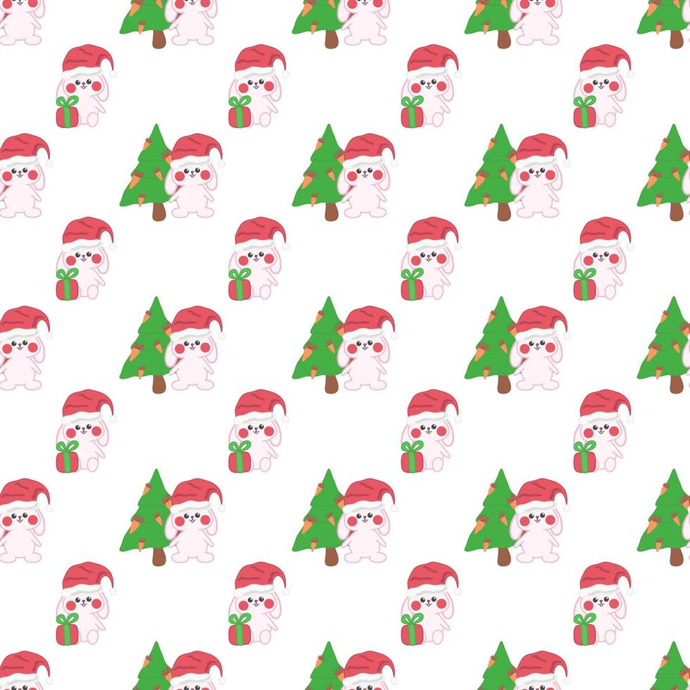 Cute doodle Christmas baby bunny vector seamless pattern.